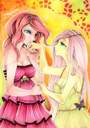 Size: 1722x2431 | Tagged: safe, artist:nanako87, fluttershy, pinkie pie, human, g4, female, humanized, lesbian, ship:flutterpie, shipping, traditional art