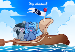 Size: 1330x920 | Tagged: safe, alternate version, artist:dsp2003, princess luna, oc, oc:coldfront, pony, unicorn, g4, :o, blushing, boat, characters inside shoes, chibi, cute, eyes closed, female, filly, happy, lunabetes, oar, ocean, open mouth, s1 luna, shoes, smiling, style emulation, sword, text, water, weapon, woona