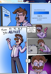 Size: 1280x1853 | Tagged: safe, artist:shieltar, oc, oc only, oc:professor harmony, human, comic:birth of equestria, comic, dialogue, mad scientist, oven, portal (valve), portal 2, solo