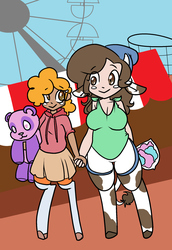 Size: 1496x2180 | Tagged: safe, artist:/d/non, oc, oc only, oc:feather heart, oc:petunia, cow, satyr, carnival, clothes, cotton candy, food, offspring, parent:daisy jo, parent:little strongheart, teddy bear