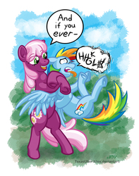 Size: 720x916 | Tagged: safe, artist:texasuberalles, cheerilee, rainbow dash, earth pony, pegasus, pony, g4, abuse, bipedal, chokehold, dashabuse, dock, duo, speech bubble, tongue out, underhoof