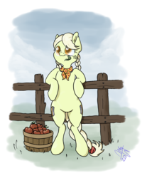 Size: 2048x2560 | Tagged: safe, artist:malwinters, granny smith, earth pony, pony, g4, apple, bipedal, bipedal leaning, female, fence, food, high res, leaning, solo, young granny smith, younger