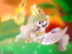 Size: 1024x768 | Tagged: safe, artist:elisawhite, princess celestia, pony, g4, female, magic, parchment, quill, solo