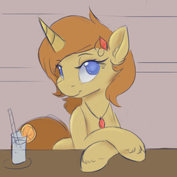 Size: 2000x2000 | Tagged: safe, artist:ardail, oc, oc only, pony, unicorn, crossed hooves, crystal, cute, drink, fluffy, glass, high res, jewelry, looking at you, necklace, solo, straw