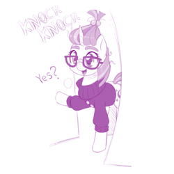 Size: 888x888 | Tagged: safe, artist:dstears, moondancer, pony, unicorn, g4, clothes, cute, door, doorknob, eyebrows, female, glasses, mare, monochrome, onomatopoeia, open mouth, simple background, solo, sweater, talking, white background