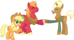 Size: 5590x3060 | Tagged: safe, artist:osipush, applejack, big macintosh, trenderhoof, earth pony, pony, unicorn, g4, absurd resolution, clothes, commission, cowboy hat, eyes closed, female, flash puppet, freckles, glasses, hat, hoofbump, inkscape, male, mare, open mouth, raised hoof, simple background, stallion, stetson, transparent background, vector