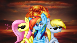 Size: 1024x576 | Tagged: safe, artist:despotshy, derpy hooves, fluttershy, rainbow dash, pegasus, pony, g4, cool guys don't look at explosions, female, mare, mushroom cloud, sunglasses, swag