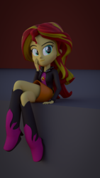 Size: 1080x1920 | Tagged: safe, artist:creatorofpony, artist:longsword97, sunset shimmer, human, equestria girls, g4, 3d, blender, boots, crossed legs, female, shoes, sitting, solo, test