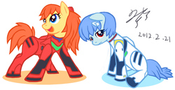 Size: 970x500 | Tagged: safe, artist:pmo0908, earth pony, pony, clothes, duo, neon genesis evangelion, plugsuit, ponified, rei ayanami, simple background, souryuu asuka langley