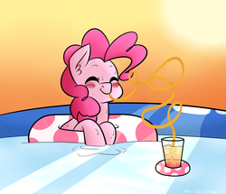 Size: 1227x1055 | Tagged: safe, artist:melodicmarzipan, pinkie pie, g4, bendy straw, blushing, drinking straw, eyes closed, female, floating, inner tube, solo, swimming pool, water, wet