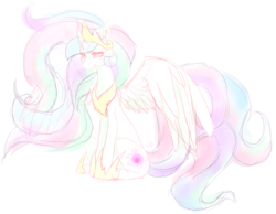 Size: 1310x1014 | Tagged: safe, artist:london13ridges, princess celestia, pony, g4, female, mare, sad, simple background, sitting, sketchy, solo, spread wings, transparent background