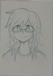 Size: 1303x1873 | Tagged: artist needed, safe, rainbow dash, human, g4, female, glasses, humanized, monochrome, solo, traditional art