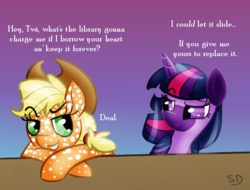 Size: 562x427 | Tagged: safe, artist:sallindaemon, applejack, twilight sparkle, pony, g4, alternate design, coat markings, dappled, female, lesbian, mare, ship:twijack, shipping