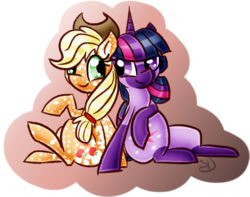 Size: 573x452 | Tagged: safe, artist:sallindaemon, applejack, twilight sparkle, pony, g4, alternate design, coat markings, dappled, female, lesbian, mare, ship:twijack, shipping, sitting