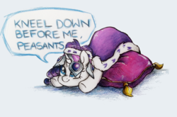 Size: 1195x788 | Tagged: safe, artist:buttersprinkle, princess platinum, rarity, pony, g4, clothes, crown, cushion, cute, female, jewelry, queen rarity, raribetes, regalia, silly, silly pony, solo, speech bubble, traditional art