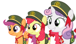 Size: 6000x3433 | Tagged: safe, artist:sketchmcreations, apple bloom, scootaloo, sweetie belle, earth pony, pegasus, pony, unicorn, 28 pranks later, g4, badge, clothes, cute, cutie mark, cutie mark crusaders, female, filly, filly guides, foal, grin, gritted teeth, hat, simple background, smiling, teeth, the cmc's cutie marks, transparent background, vector