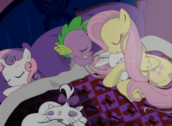 Size: 1409x1033 | Tagged: safe, artist:dsana, angel bunny, fluttershy, opalescence, spike, sweetie belle, cat, dragon, pegasus, pony, rabbit, g4, angelbetes, baby, baby dragon, bed, cropped, cute, diasweetes, female, filly, fluttershy's cottage, heartwarming, male, mare, shyabetes, sleeping, snuggling, spikabetes, weapons-grade cute