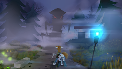 Size: 3000x1687 | Tagged: safe, artist:twotail813, oc, oc only, oc:littlepip, pony, unicorn, fallout equestria, rcf community, clothes, fallout 4, fallout 4: far harbor, fanfic, fanfic art, far harbor, female, fog, fog crawler, gun, handgun, horn, jumpsuit, little macintosh, magic, mare, pipbuck, revolver, telekinesis, vault suit, weapon