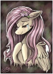 Size: 630x878 | Tagged: safe, artist:monnarcha, fluttershy, g4, bust, crying, eyes closed, female, flower, flower in hair, hooves to the chest, portrait, smiling, solo