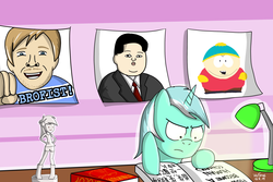Size: 3600x2400 | Tagged: safe, artist:linlaifeng, lyra heartstrings, fanfic:anthropology, equestria girls, g4, book, brofist, chinese, eric cartman, high res, humie, kim jong-un, lamp, male, pewdiepie, south park, statuette