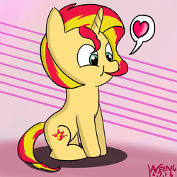 Size: 3000x3000 | Tagged: safe, artist:linlaifeng, sunset shimmer, pony, unicorn, g4, bacon hair, cute, female, heart, high res, nom, shimmerbetes, solo