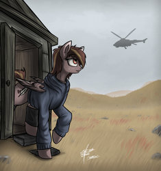 Size: 1280x1359 | Tagged: dead source, safe, artist:slawomiro, oc, oc only, clothes, freckles, helicopter, raised hoof, shed, solo