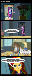 Size: 1288x3000 | Tagged: safe, artist:bredgroup, applejack, rainbow dash, sunset shimmer, twilight sparkle, comic:eg rpg, equestria girls, g4, boots, broom, comic, cowboy boots, high heel boots, screencap comic, star wars, twilight sparkle (alicorn)