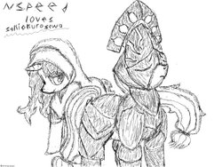 Size: 900x675 | Tagged: safe, artist:speedway-king, applejack, oc, g4, armor, clothes, crossover, demon souls, garl vinland, maiden astraea, monochrome, protecting, robe, traditional art