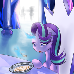 Size: 1000x1000 | Tagged: safe, artist:wookylee, starlight glimmer, g4, cereal, eating, female, food, lonely, sad, solo, twilight's castle