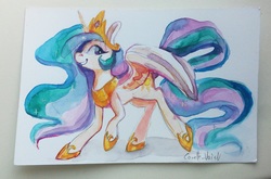 Size: 2779x1836 | Tagged: safe, artist:corelle-vairel, princess celestia, g4, cute, cutelestia, female, grin, looking back, painting, raised hoof, raised leg, smiling, solo, spread wings, traditional art, watercolor painting