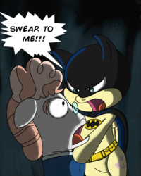 Size: 2400x3000 | Tagged: safe, artist:saburodaimando, fluttershy, svengallop, earth pony, pegasus, pony, g4, abuse, batman, bipedal, dc comics, floppy ears, flutterbatman, high res, oh crap, open mouth, pulling clothes, svenabuse, this will end in tears, wide eyes