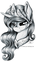 Size: 1993x3307 | Tagged: safe, artist:julunis14, princess celestia, pony, g4, bust, crying, female, frown, grayscale, looking down, mare, monochrome, portrait, sad, simple background, solo, traditional art, transparent background