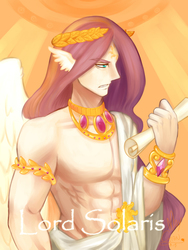 Size: 900x1200 | Tagged: safe, artist:konnosatsuki, princess celestia, human, g4, abs, alternative cutie mark placement, clothes, forehead cutie mark, humanized, king solaris, laurel wreath, male, man, prince solaris, rule 63, scroll, solo, toga, wing ears, winged humanization