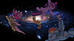 Size: 1920x1080 | Tagged: safe, artist:riniginianna, applejack, fluttershy, pinkie pie, rainbow dash, rarity, twilight sparkle, pony, g4, floating, galaxy, giant pony, macro, mane six, nose in the air, pony bigger than a galaxy, pony bigger than a planet, space, zero gravity