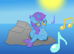 Size: 1795x1321 | Tagged: safe, artist:sny-por, oc, oc only, oc:sleepy zee, mermaid, pony, siren, unicorn, digital art, hypnosis, kaa eyes, music notes, ocean, singing, transformation