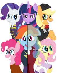 Size: 1736x2236 | Tagged: safe, artist:squipycheetah, applejack, fluttershy, pinkie pie, rainbow dash, rarity, twilight sparkle, alicorn, pony, the count of monte rainbow, g4, abbé faria, accessory swap, alternate color palette, alternate hairstyle, alternate timeline, alternate universe, betrayal, bowtie, clothes, crossed arms, crossed hooves, crossover, cute, danglajacks, danglars, dress, evil, evil smile, female, floppy ears, fluttercedes, folded wings, freckles, gritted teeth, hair tie, happy, looking at you, looking back, looking up, mane six, mare, missing accessory, monsparkle, open mouth, piercing, pinkie faria, prison outfit, rainbow dantes, raised hoof, rarifort, revenge, sailor hat, sailor uniform, scarf, shadowbolts, shycedes, simple background, smiling, smirk, spread wings, suit, the count of monte cristo, transparent background, twilight sparkle (alicorn), two sides, vector, vest, villefort