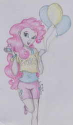 Size: 707x1200 | Tagged: safe, artist:marta4708, pinkie pie, human, g4, balloon, female, humanized, solo, traditional art