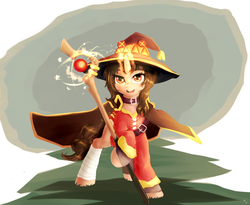 Size: 2270x1859 | Tagged: safe, artist:sapsan, pony, unicorn, clothes, commission, crossover, dress, konosuba, mage, magic staff, megumin, ponified, simple background, skirt, solo, staff, wand