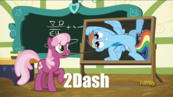 Size: 1920x1080 | Tagged: safe, screencap, cheerilee, rainbow dash, earth pony, pony, 28 pranks later, g4, chalkboard, cheerilee's chalkboard, discovery family logo, mouth hold