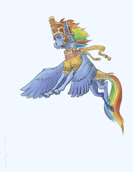 Size: 616x800 | Tagged: safe, artist:adeptus-monitus, rainbow dash, g4, clothes, female, flying, lamassu, solo