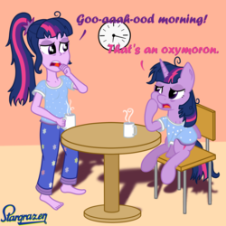 Size: 2800x2800 | Tagged: safe, artist:stargrazer, sci-twi, twilight sparkle, human, equestria girls, g4, bed hair, clothes, coffee, duality, high res, human ponidox, morning, newbie artist training grounds, pajamas, self ponidox, twilight sparkle (alicorn), twolight