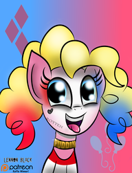 Size: 1000x1300 | Tagged: safe, artist:lennonblack, pinkie pie, g4, clothes, cosplay, costume, female, harley quinn, patreon, patreon logo, solo, suicide squad, tattoo