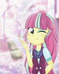 Size: 540x675 | Tagged: safe, artist:lynnacorn, sour sweet, equestria girls, g4, my little pony equestria girls: friendship games, blurry background, one eye closed, solo, wink