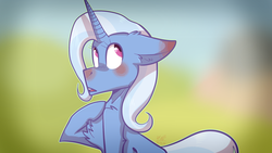 Size: 1280x720 | Tagged: safe, artist:suenden-hund, trixie, pony, unicorn, g4, magic duel, blushing, chest fluff, cute, female, floppy ears, fluffy, frown, mare, open mouth, scene interpretation, solo