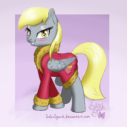 Size: 2500x2500 | Tagged: safe, artist:solarspark, derpy hooves, pegasus, pony, g4, blushing, clothes, ear fluff, female, grin, high res, mare, newbie artist training grounds, robe, smiling, solo