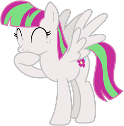 Size: 1208x1231 | Tagged: safe, artist:nano23823, blossomforth, pegasus, pony, g4, hurricane fluttershy, .svg available, ^^, eyes closed, female, laughing, mare, raised hoof, simple background, solo, spread wings, svg, transparent background, vector