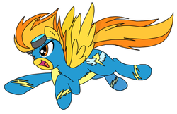 Size: 819x532 | Tagged: safe, artist:zajice, color edit, edit, spitfire, g4, clothes, colored, female, flying, goggles, open mouth, solo, wonderbolts, wonderbolts uniform