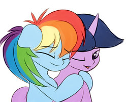 Size: 2000x1600 | Tagged: safe, artist:elzzombie, derpibooru exclusive, rainbow dash, twilight sparkle, pony, g4, duo, duo female, eyes closed, female, floppy ears, horn, hug, lesbian, mare, one eye closed, open mouth, open smile, ship:twidash, shipping, smiling