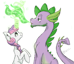 Size: 1024x886 | Tagged: safe, artist:loladotz, spike, sweetie belle, g4, braid, breathing, dragonfire, ear piercing, earring, female, fire, fire breath, glowing horn, horn, jewelry, lidded eyes, magic, male, older, piercing, ship:spikebelle, shipping, signature, simple background, straight, white background