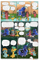 Size: 1300x2000 | Tagged: safe, artist:smudge proof, princess luna, snails, snips, oc, oc:halcyon, oc:tails, dog, original species, comic:heads and tails, g4, bath, bathing, bubble, cake, cake cake, comb, combing, comic, crepuscular rays, everfree forest, food, forest, lake, magic, patreon, patreon logo, rain, river, water, wet